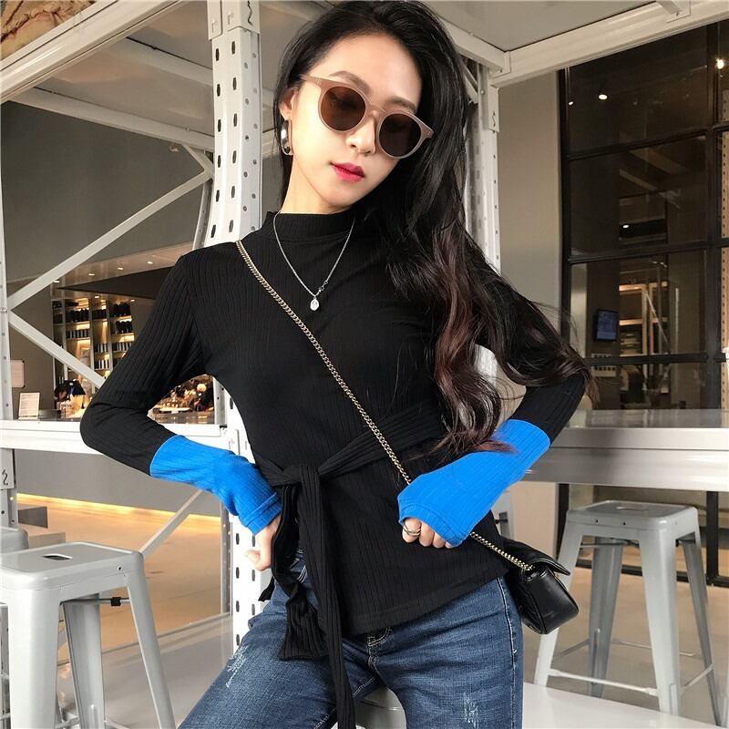 スプリングスタイルカラーベルト Tシャツ セーター トップス レディース ロング レース 春物 ハーネス レースアップ YY-ファッション70714866063