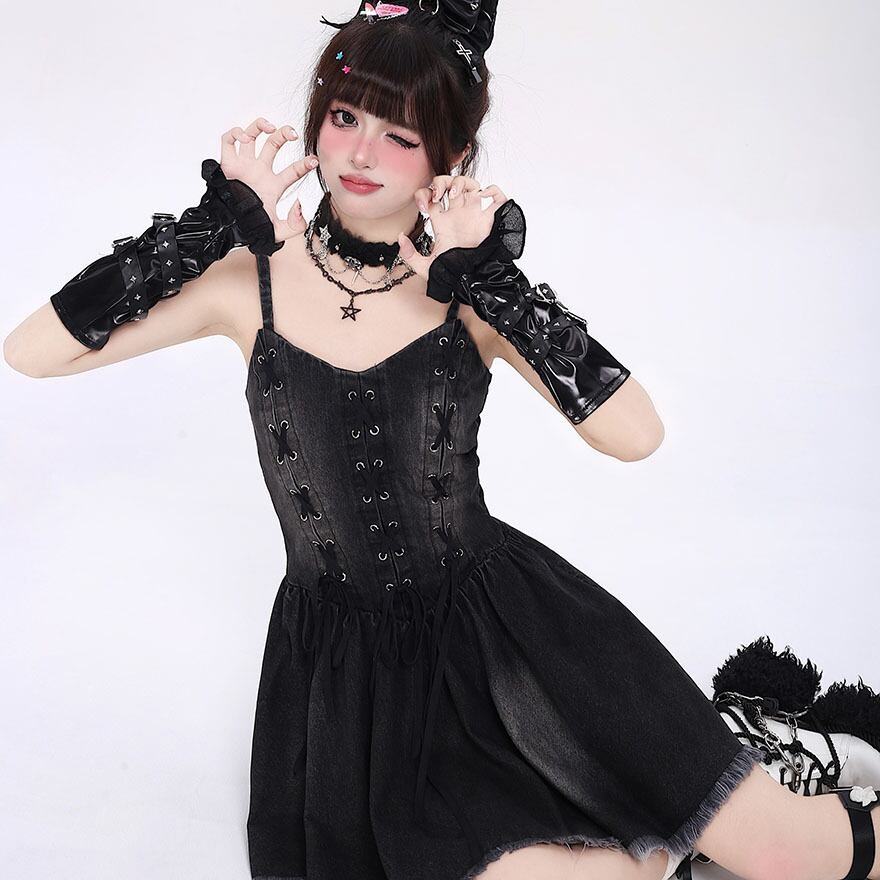 CRAZYGIRL デニム ワンピース フレアスカート レースアップ リボン