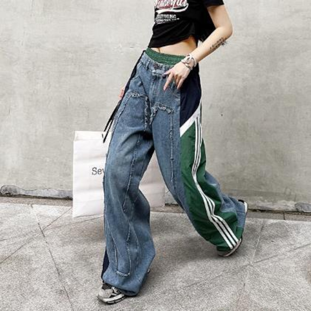 リメイク風 デニム パンツ ジャージ ライン ジーンズ 韓国 ストリート 