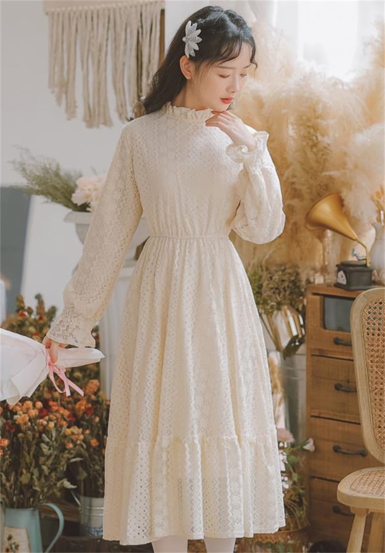 細みせ美人シルエット フリル レース 裏起毛 ワンピース ロングスカート 暖かい 厚手 ボトミング 長袖