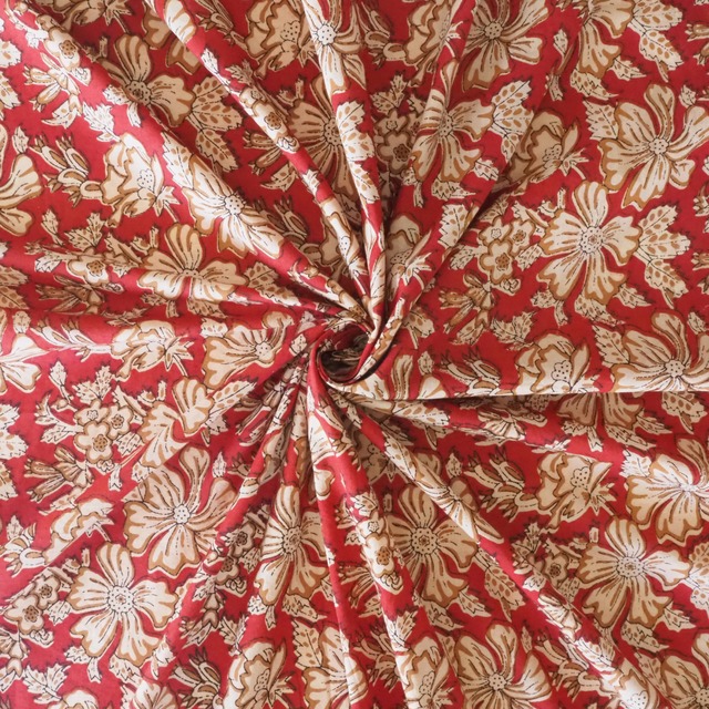 ブロックプリント生地【50cm単位】インド綿  花柄 赤×生成り #38110-RD1