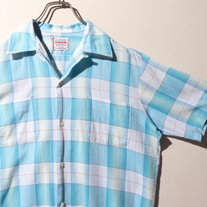 美品 M McGREGOR 綿ポリ オンブレ ブルー 開襟チェックシャツ 60s 70s 青