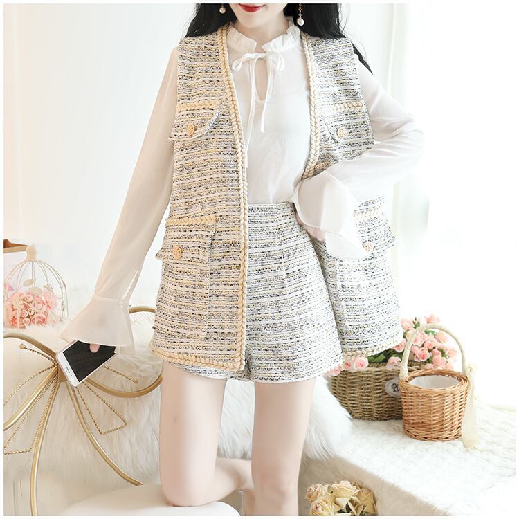 ツイード ベスト ショートパンツ ショーパン キュロット アンサンブル