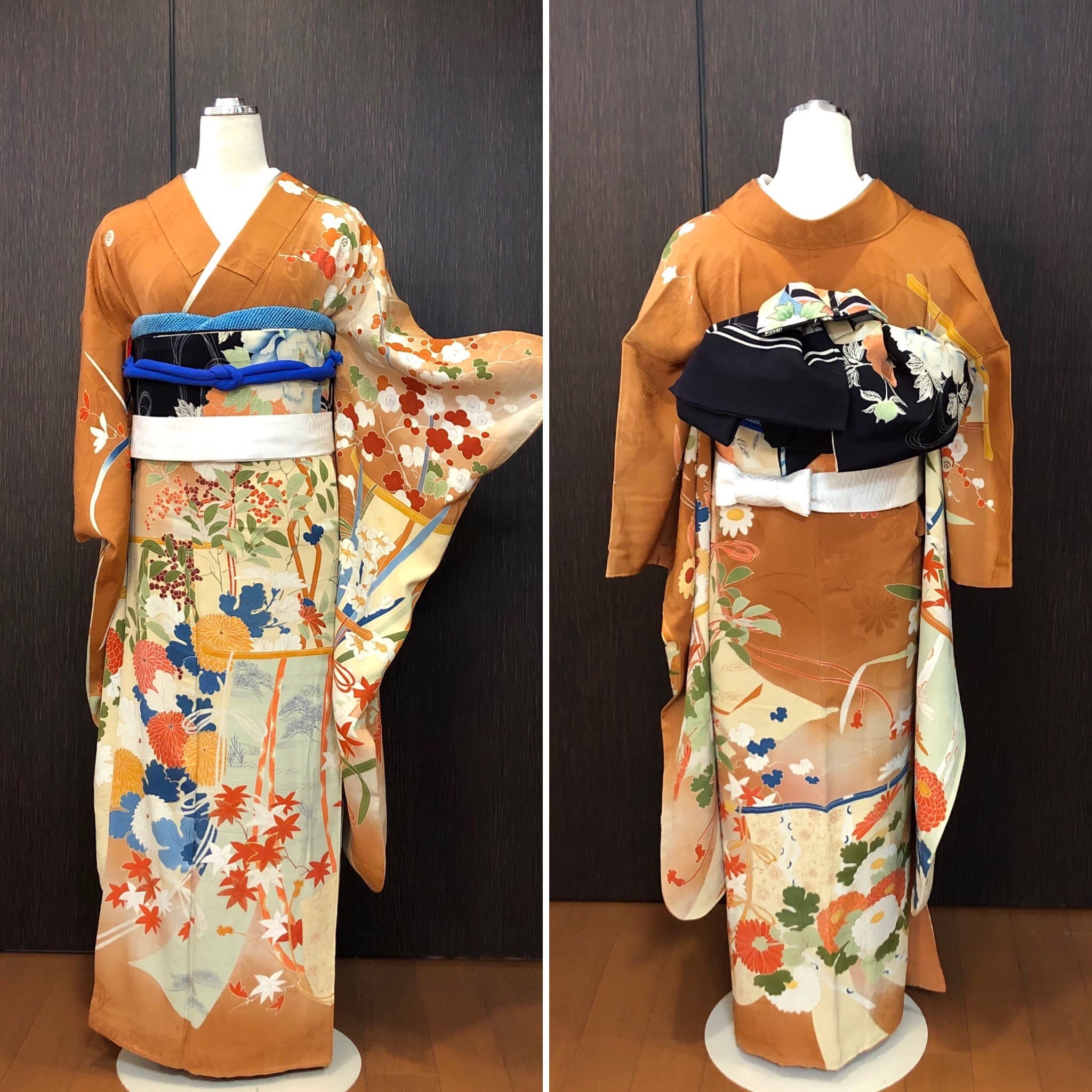 アンティーク】振袖レンタル フルセット 茶地四季草花御簾文 Sサイズ 