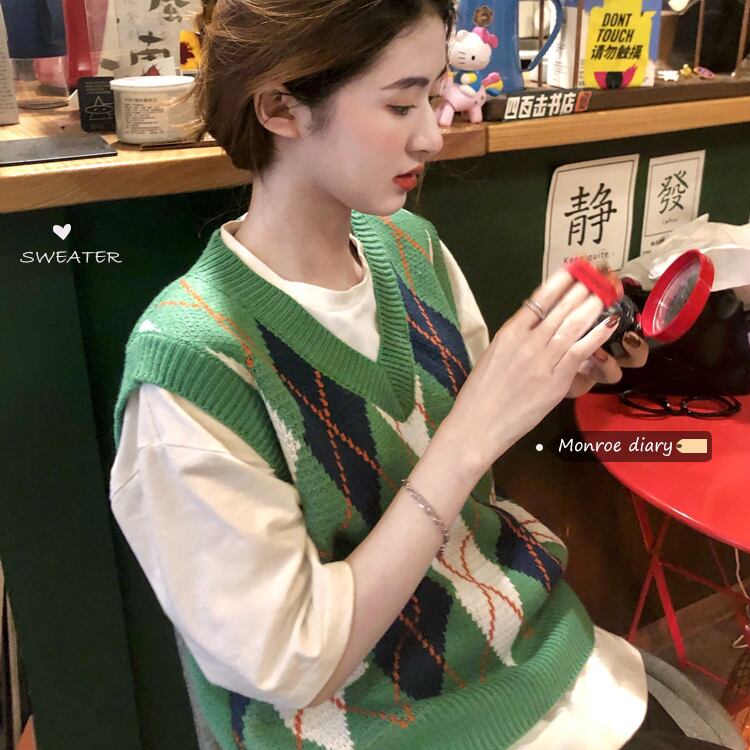 スタンダードグリーンVネックニットオータム薄手スタイルサマーショートノースリーブトップス レトロ 半袖 ハーフスリーブ 夏物 秋物 モンロー92844355759