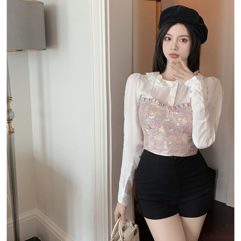オータムスタイルショートトップス レースホワイトシャツ ストリート 大人ガーリー スウィート キュート カジュアル 秋物 ピュア ガールズファッション47401044410