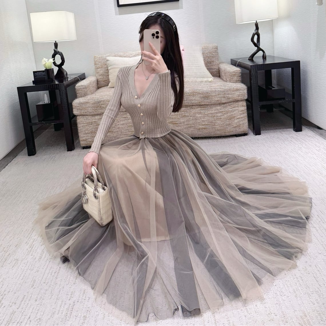 【set】ラメニットカーディガン×チュールスカートセット N3453