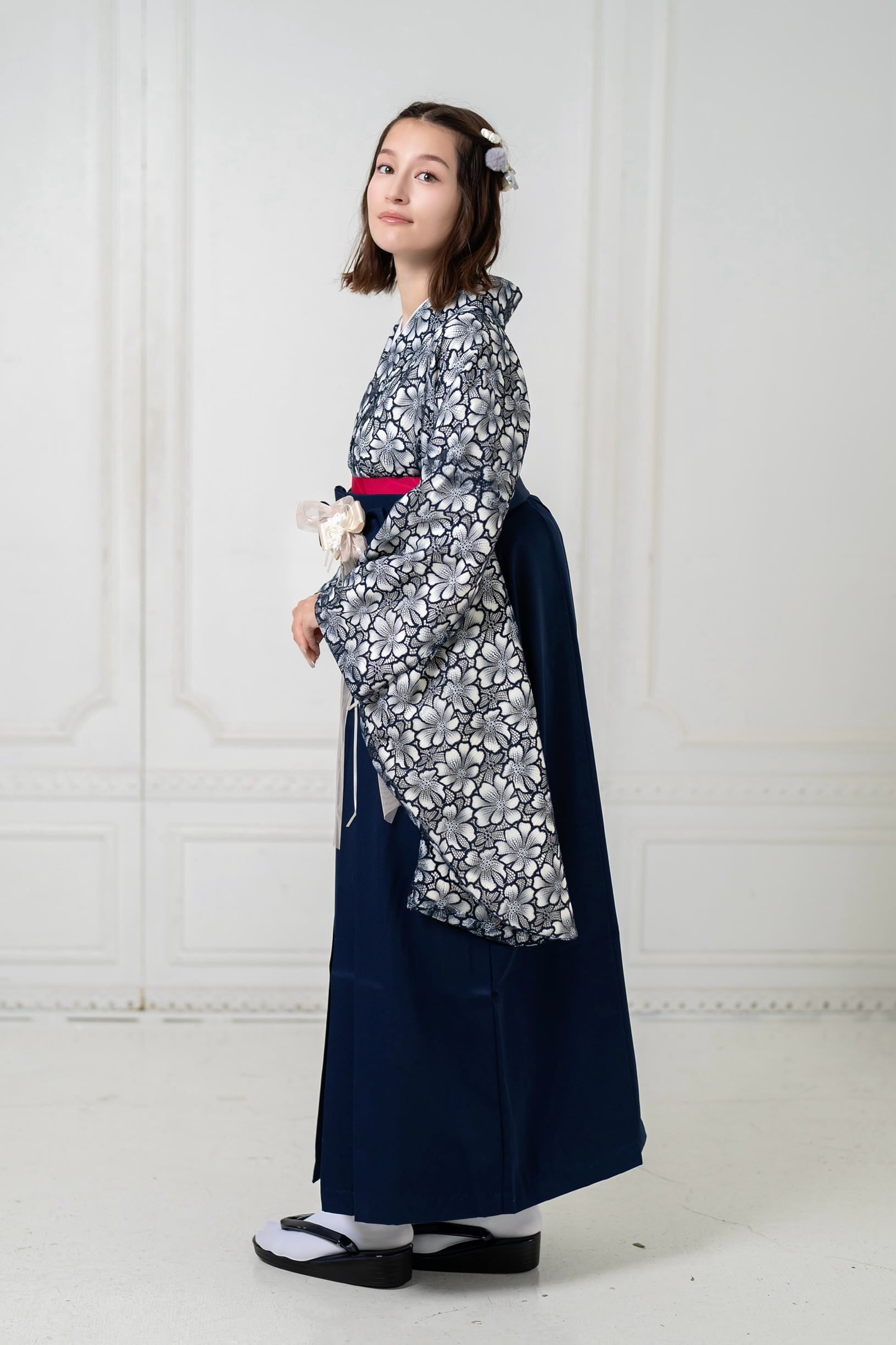 Kimono Sienne 卒業式袴3点セット レース二尺袖 紺×白 二尺袖着物 袴