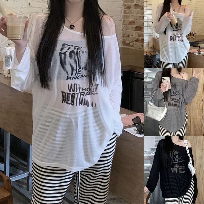 シアー ストライプ ルーズ Tシャツ 長袖 トップス 韓国 nr8812 c6723ec91ad7b7bd922877cb09d3d0