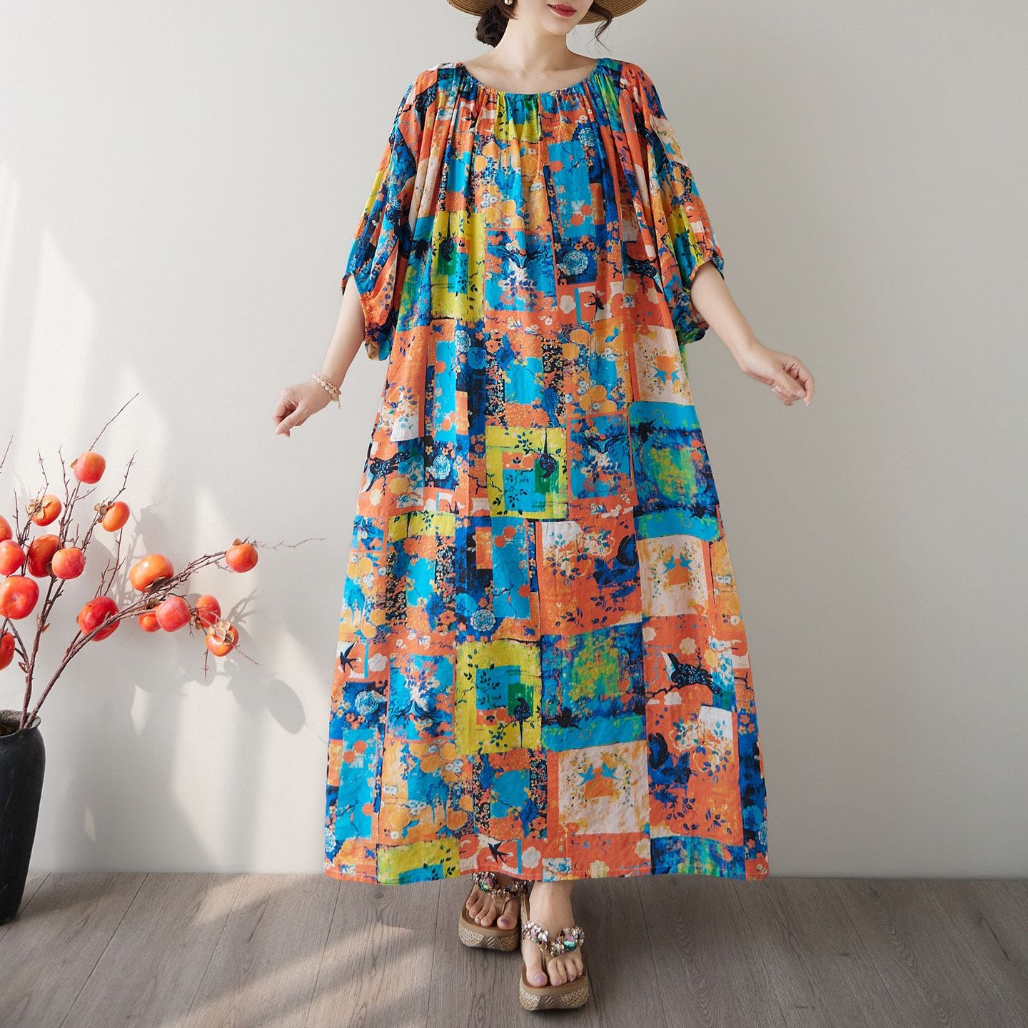 ART PRINT RELAXED LONG SLEEVE MAXI DRESS M-17668