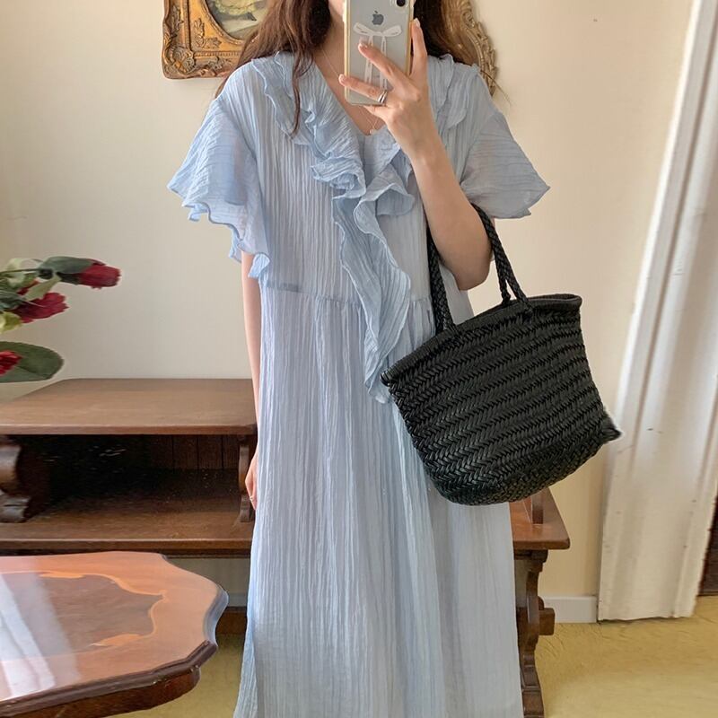 ワンピース レディース ロングワンピース ロング ロング丈 半袖 フリル Vネック シフォン かわいい 大人可愛い きれいめ カジュアル エレガント 清楚 フェミニン おしゃれ お洒落 綺麗 お嬢様 ナチュラル こなれ感 ラブリー キュート ガーリー ロマンチック 抜け感 送料無料 存在感 無地 ルーズ 学生 通学 デート お出かけ 女子会 フリーサイズ ブルー グリーン 春 10代 20代 韓国 韓国系 着回し モテ トレンド 流行 インスタ映え