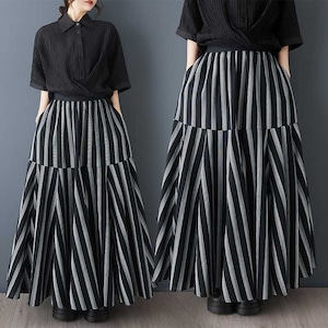ASYMMETRIC STRIPED LAYERED FLOWY MIDI SKIRT M-17230