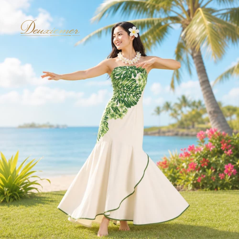 フラダンス 衣装 ALOHA STANDARDS アロハスタンダード ワンピース ドレス ホワイト系 グリーン系 日本製 スリット アシンメトリー チューブトップ モンステラ柄 かわいい 華やか 鮮やか 明るい ハワイアン アロハ フラ ダンス レッスン 練習 白系 緑系 服 フラ衣装 スリット風 デザイン きれいめ 上品 カジュアル 練習用 コスチューム A084-2512019013967 フラダンス 衣装 ALOHA STANDARDS アロハスタンダード ワンピース