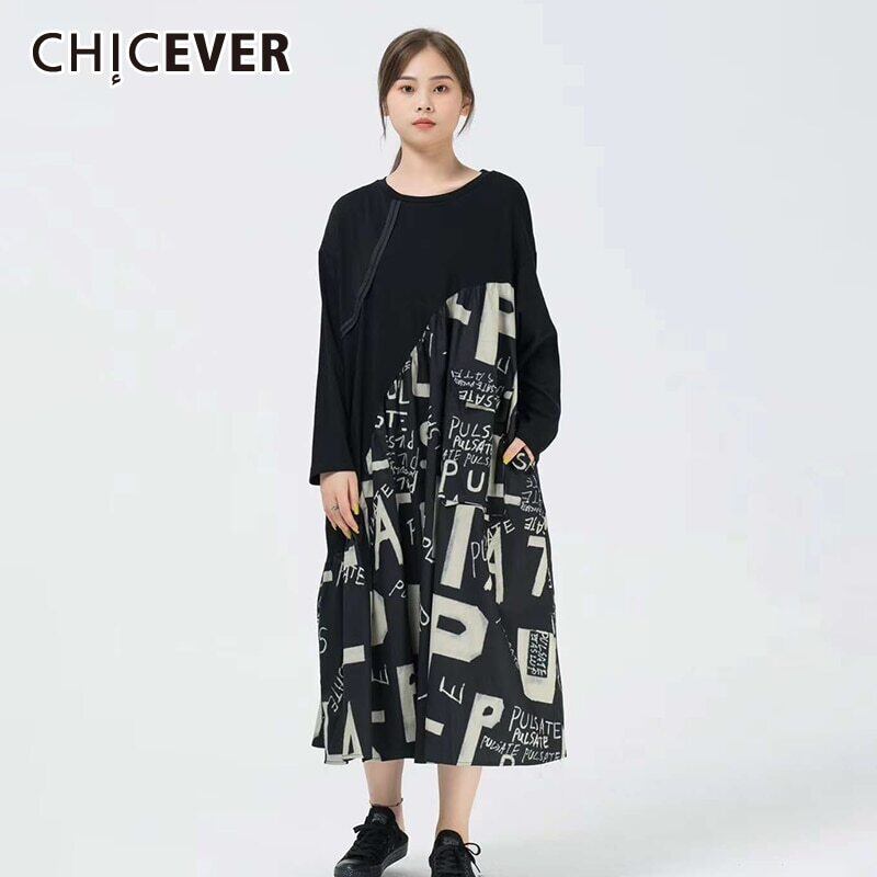 CHICEVERレタープリントドレスレディースOネック長袖パッチワークヒットカラーオーバーサイドドレス2020服 ロング 6base582135228890
