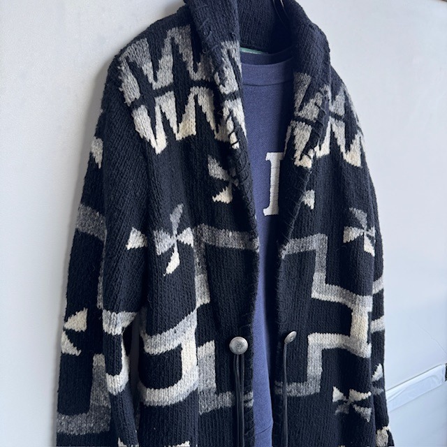 Ralph Lauren ラルフローレン ハンドニットカーディガン 80s〜90s 風車柄 コンチョ 革紐 ブラック ヴィンテージ古着 M 画像13