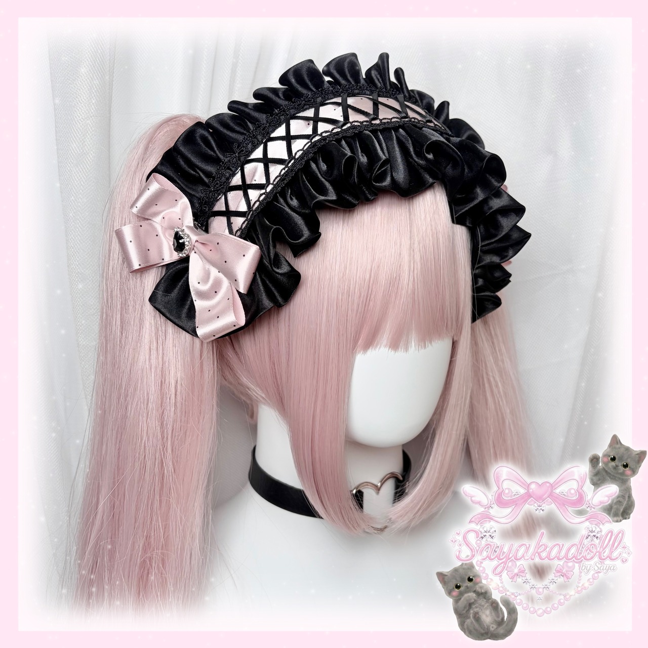 ♡【Sayakadoll Original】一点のみ サテンレース ドット柄 編み上げリボン＆クリスタルハート 2wayヘッドドレス black×pink ♡