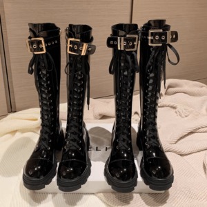 デザインベルトレースアップロングブーツ6cm全2色