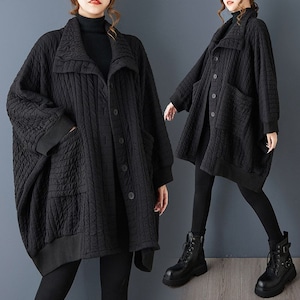 QUILTED OVERSIZED CHECK PATTERN BUTTONED COAT M-18843