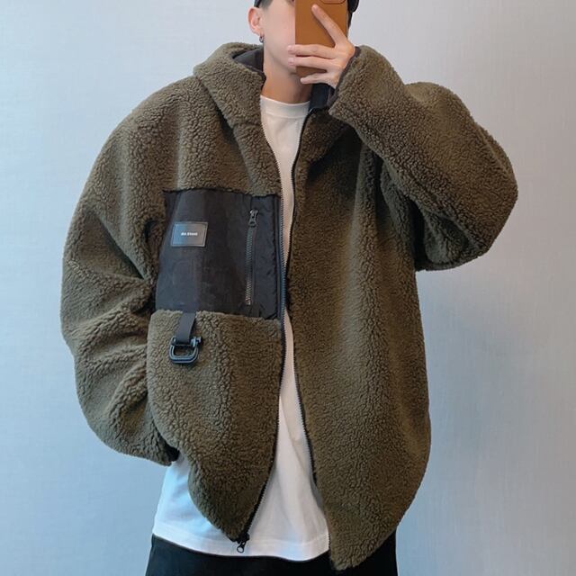 【予約販売】ボアブルゾン アウター フード付き カーキ 総ボア もこもこ アウトドア 冬 防寒 ジャケット ショート丈 メンズ カジュアル 男前 こなれ感 お洒落 韓国 トレンド 秋 冬 M/L/XL/2XL