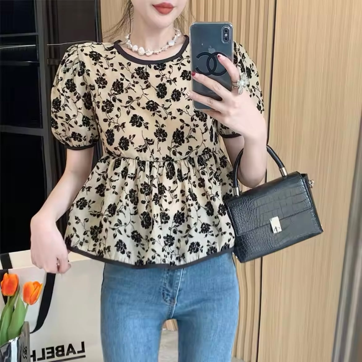 バッグリボンヴィンテージフラワーブラウス