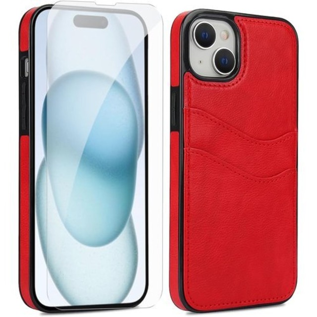 JSYAP iPhone 15 Plus 用ケース 背面 手帳型 スマホケース iphone15プラス ICカード収納 スマホケース + アイフォン15 プラス 强化 ガラス フィルム グ スタンド機能 付き 携帯ケース 耐衝撃 横置き機能 Case Cover iPhone15+ いphone15plus 15+ 背面 カバー メンズ 赤 2407