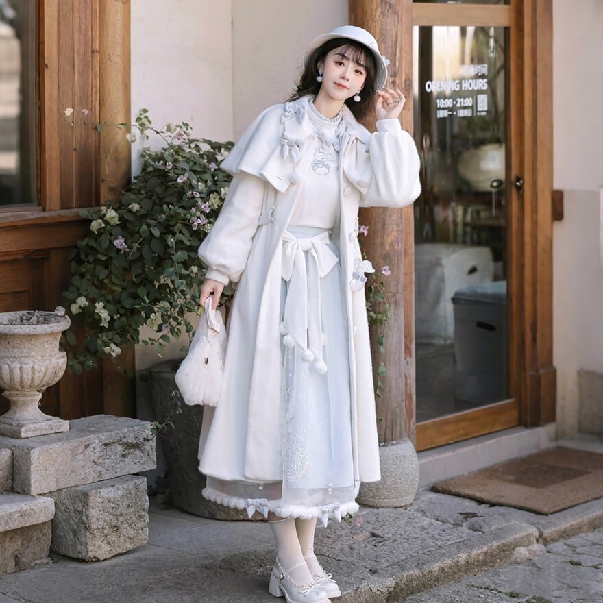 冬のお茶会 お出かけ 甘ロリ 雪だるま刺繍ケープコートとお城柄スカート 豪華3点セット|天使と悪魔