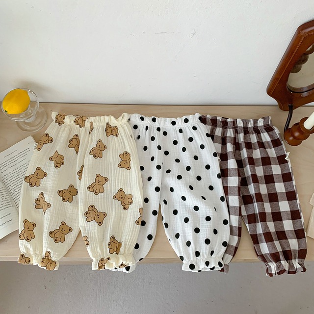 【BABY】くまチェックドット柄薄手ロングジョガーパンツ - 19