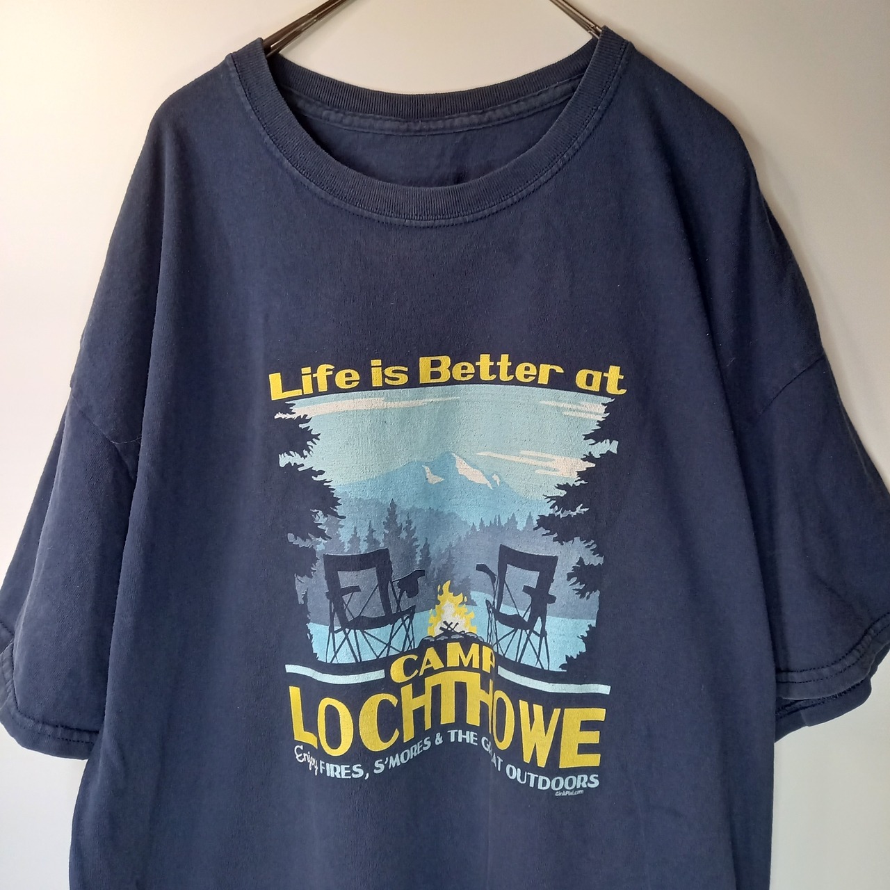 クルーネック　プリントTシャツ　アウトドア　半袖　ネイビー　FREE SIZE