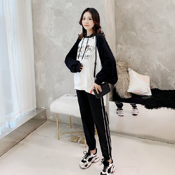 【新作】【送料無料】 マタニティウェア2019秋の新しいカジュアルセーター漫画フード付きトップ+マタニティスーツのベリーリフティングパンツバージョン-アリババ オータム 秋物 expec257919725207