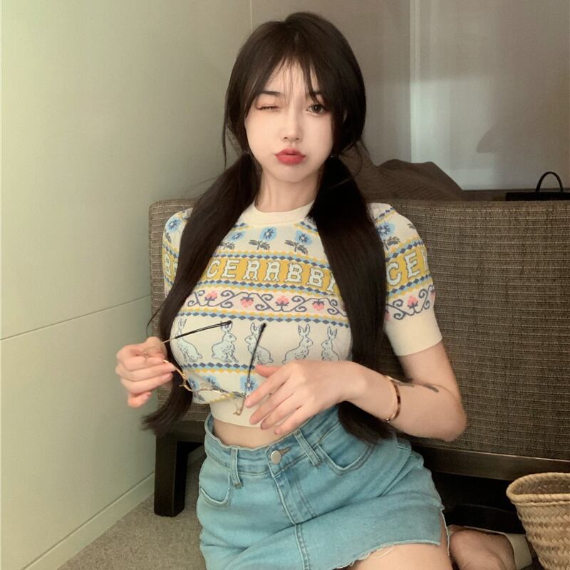 サマースタンダードレッドハイウェストウェスト薄手ショートトップス スタイルセーター レディース レトロ 夏物 シルク ドラファッションホール46129477849