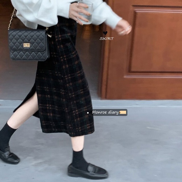 ウェスト格子柄スカート レディースオータムウィンタースリットロングAライン 秋物 冬物 モンロー42804121113