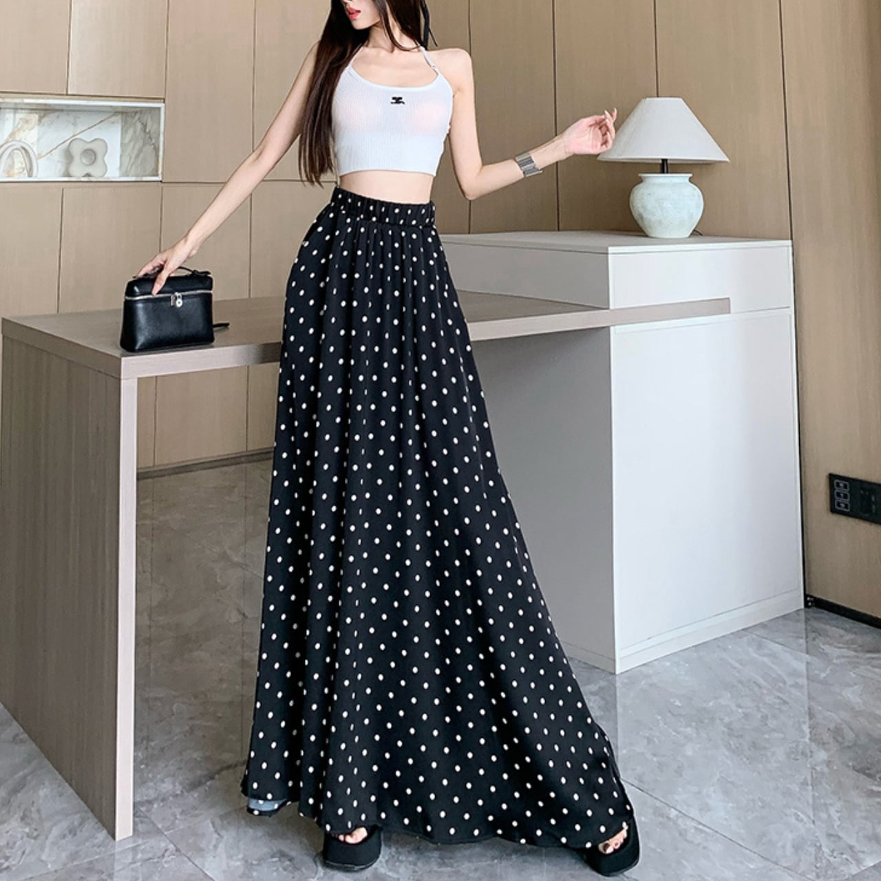 ドット プリーツ ロングスカート B13