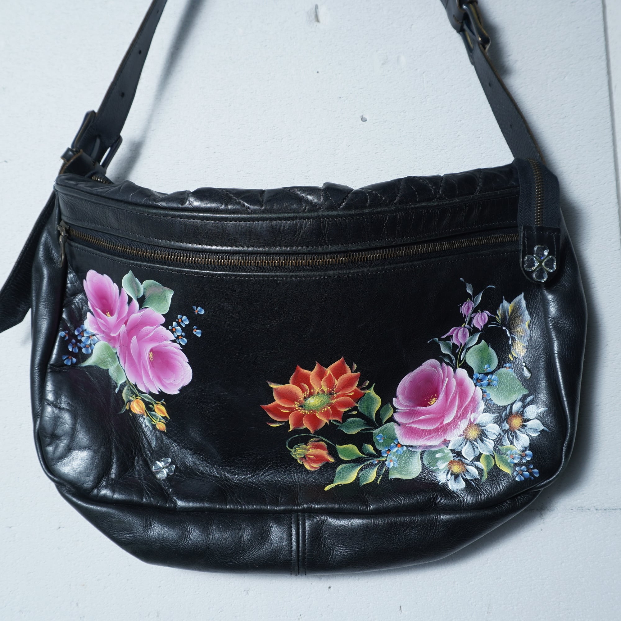 JAS.M.B】ジャスエムビー 花柄レザーショルダーバッグ black