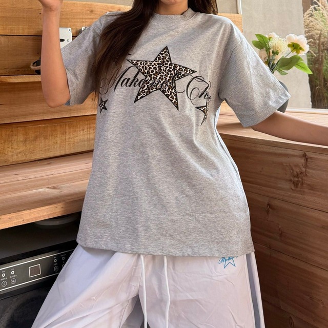 レオパードスターモチーフ ロゴグラフィック ワイドラインTシャツ 3col R02371