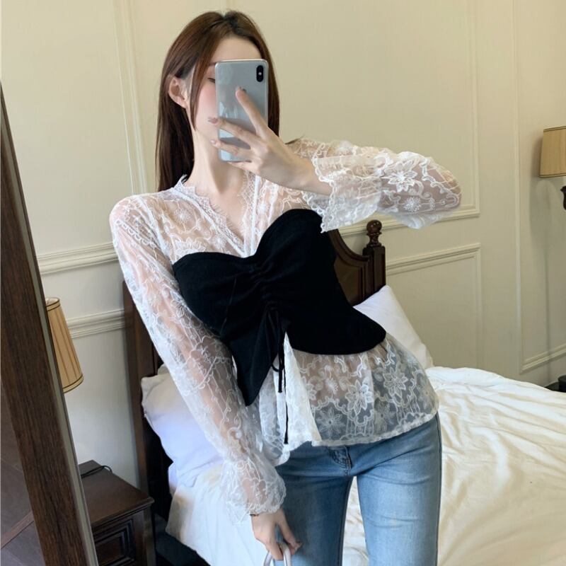 オータムVネックニットレースシャツ トップス レディース ロング 秋物 ステッチ ハンチェンe15574255239