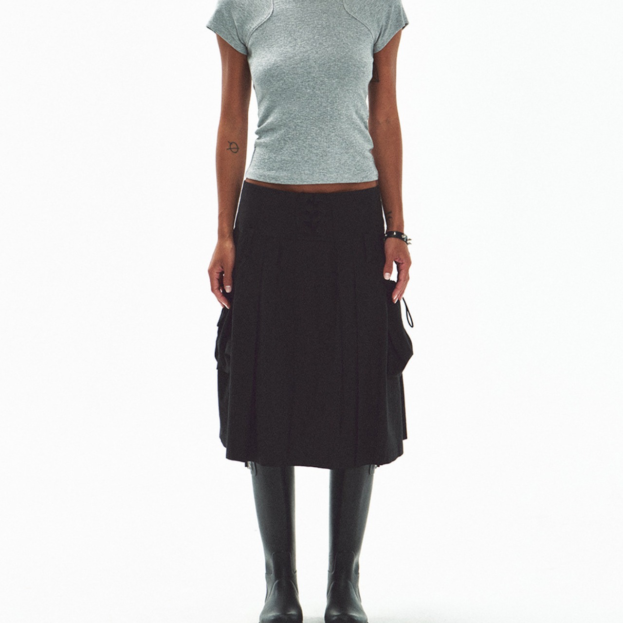 Lace-up Midi Gathered Flared Skirt 【3color】 T4481