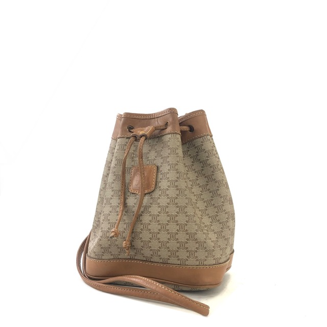CELINE セリーヌ マカダム ブラゾン型押し 巾着 ショルダーバッグ ミニバッグ ベージュ vintage ヴィンテージ オールド teszer