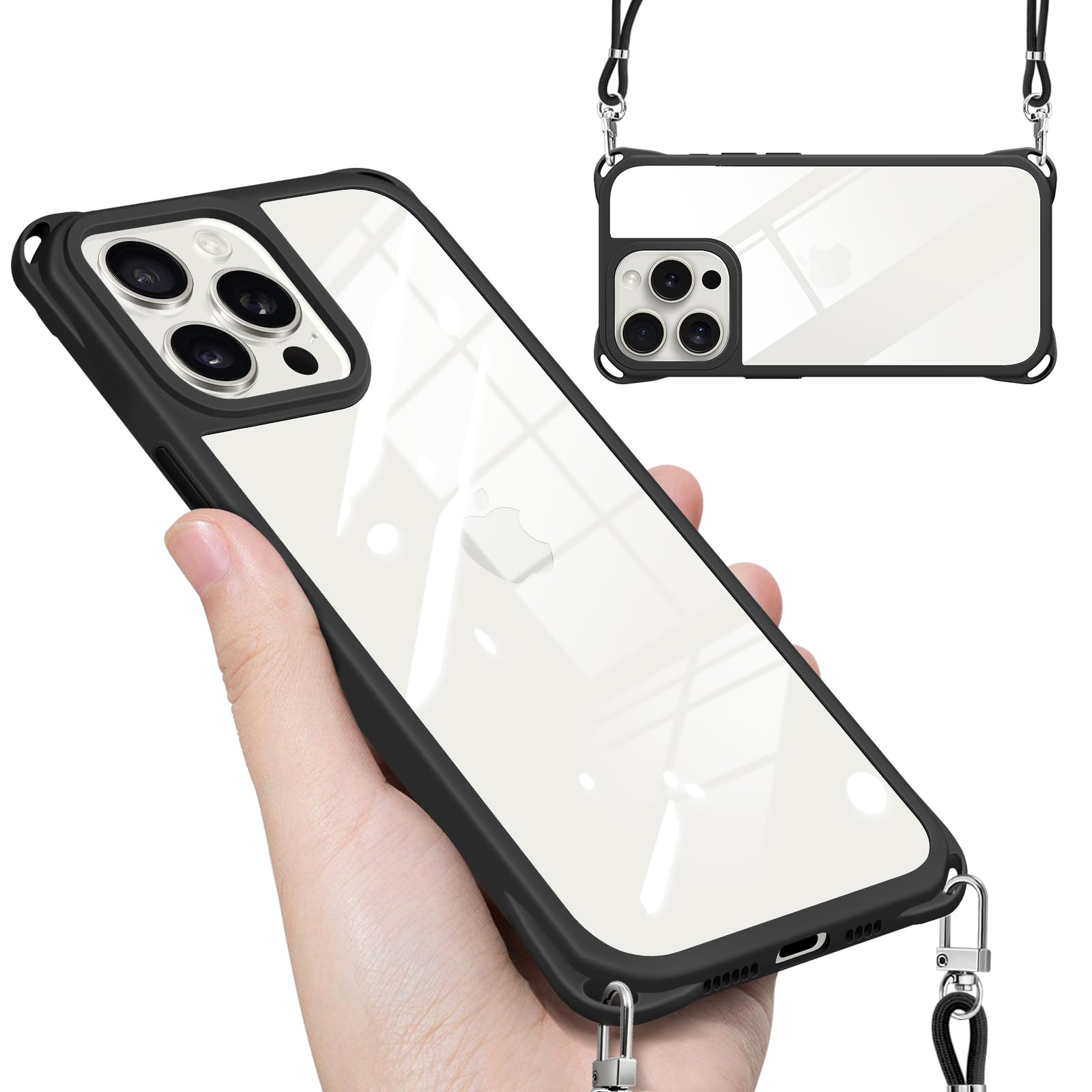 Yidahe iPhone 15 Pro 用 ケース ショルダー iPhone15Pro 用 ストラップ ハード 韓国 スマホケース(ブラック)