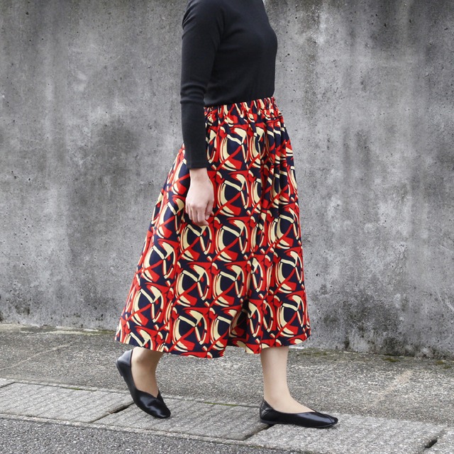 【受注制作】アフリカ布のギャザースカート（ 幾何学模様 ）アフリカンプリント アフリカンファブリック