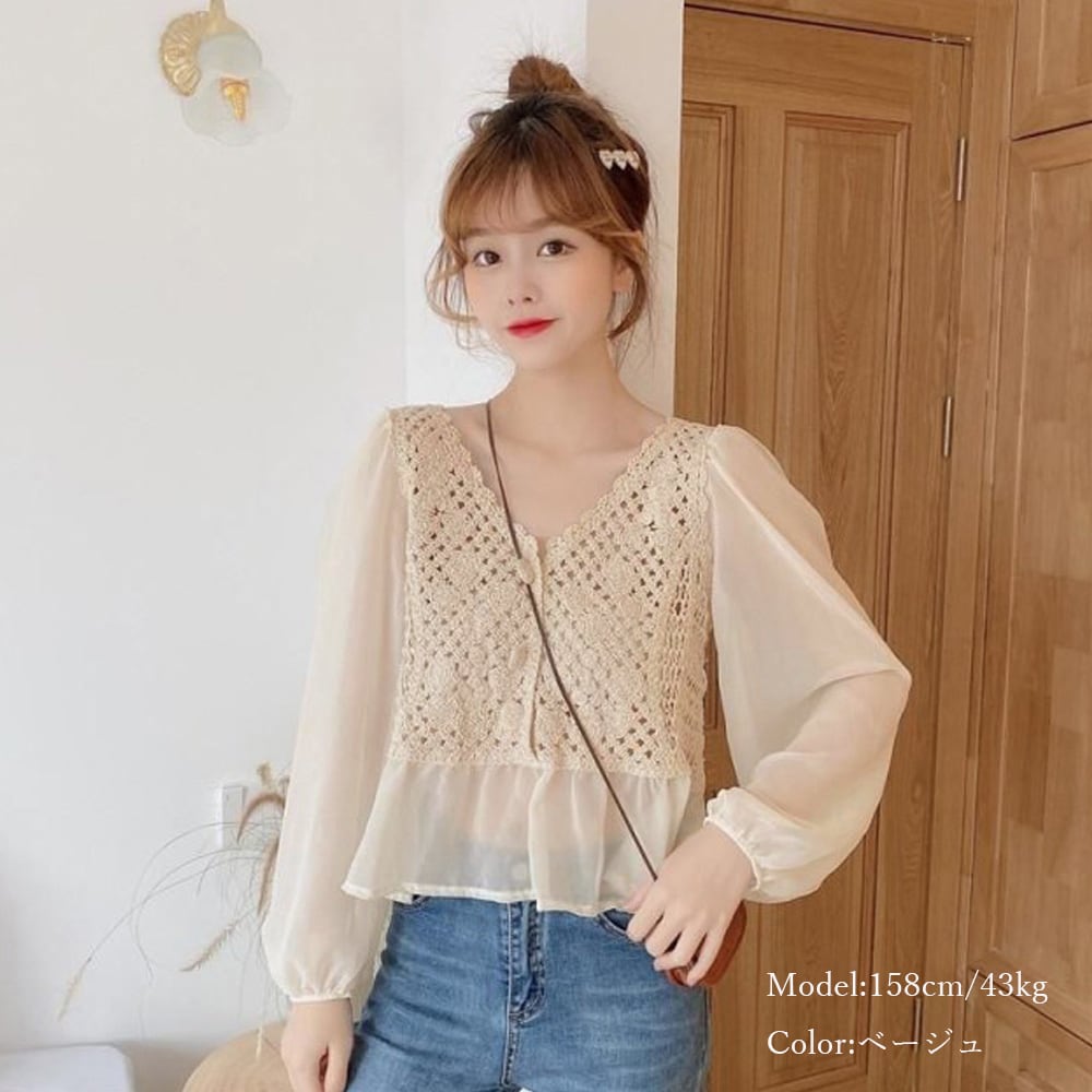 レース切り替え かぎ編み レディース トップス 春夏 韓国 きれいめ 大人 かわいい おしゃれ カジュアル 大人可愛い 大人女子