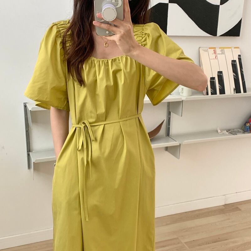 ルーズウェスト薄手スリーブカラーソリッド ドレス サマー レース 夏物 レースアップ ソリッドカラー スクウェア ビッグFスモールZ韓国31255203300