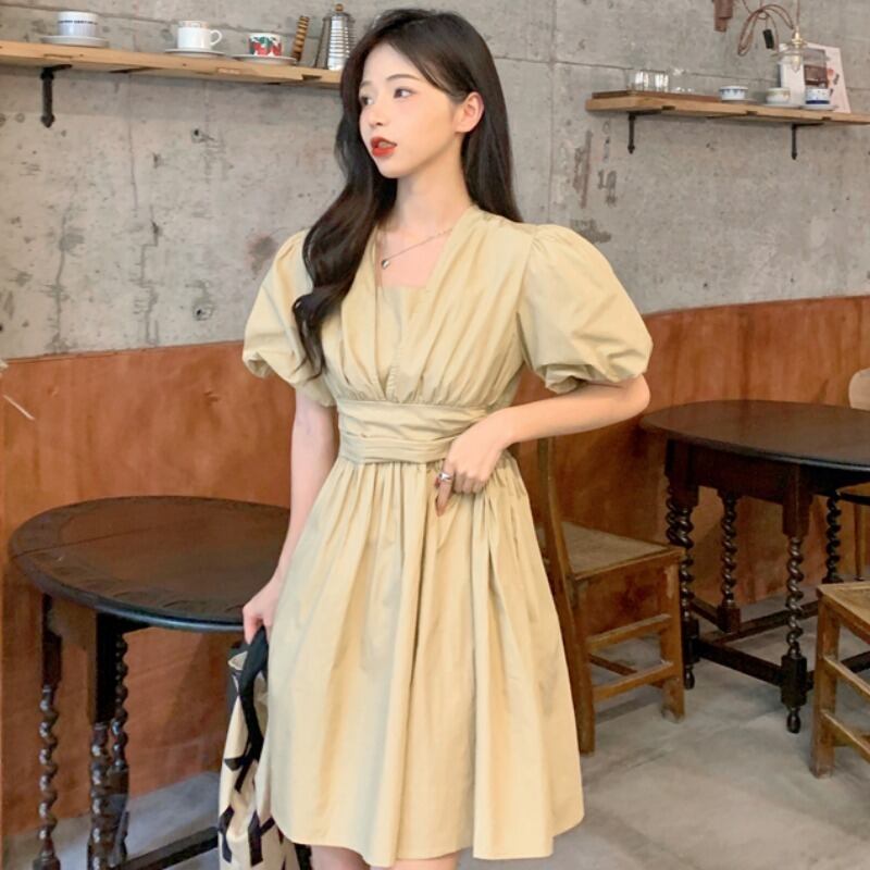 スタンダードスリーブドレス サマーVネックウェスト薄手Aラインスカート レトロ 夏物 YY-ファッション40209992575