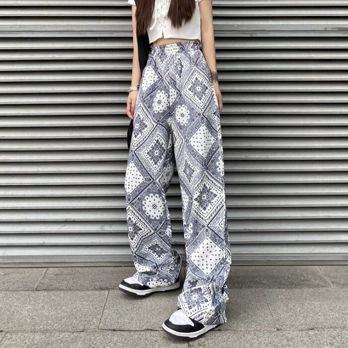 スタイルスタンダードプリントカジュアルパンツ ワイドレッグルーズ レトロ ストリート ワイドパンツ ケッペル17848066964