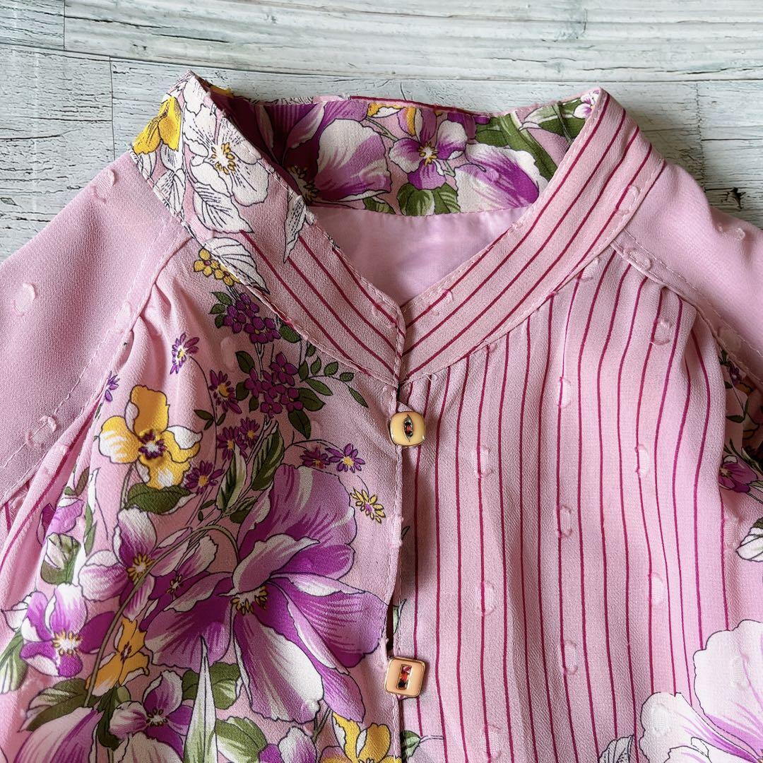 昭和レトロ花柄長袖ロングワンピースベルト付き透け素材ヴィンテージ  