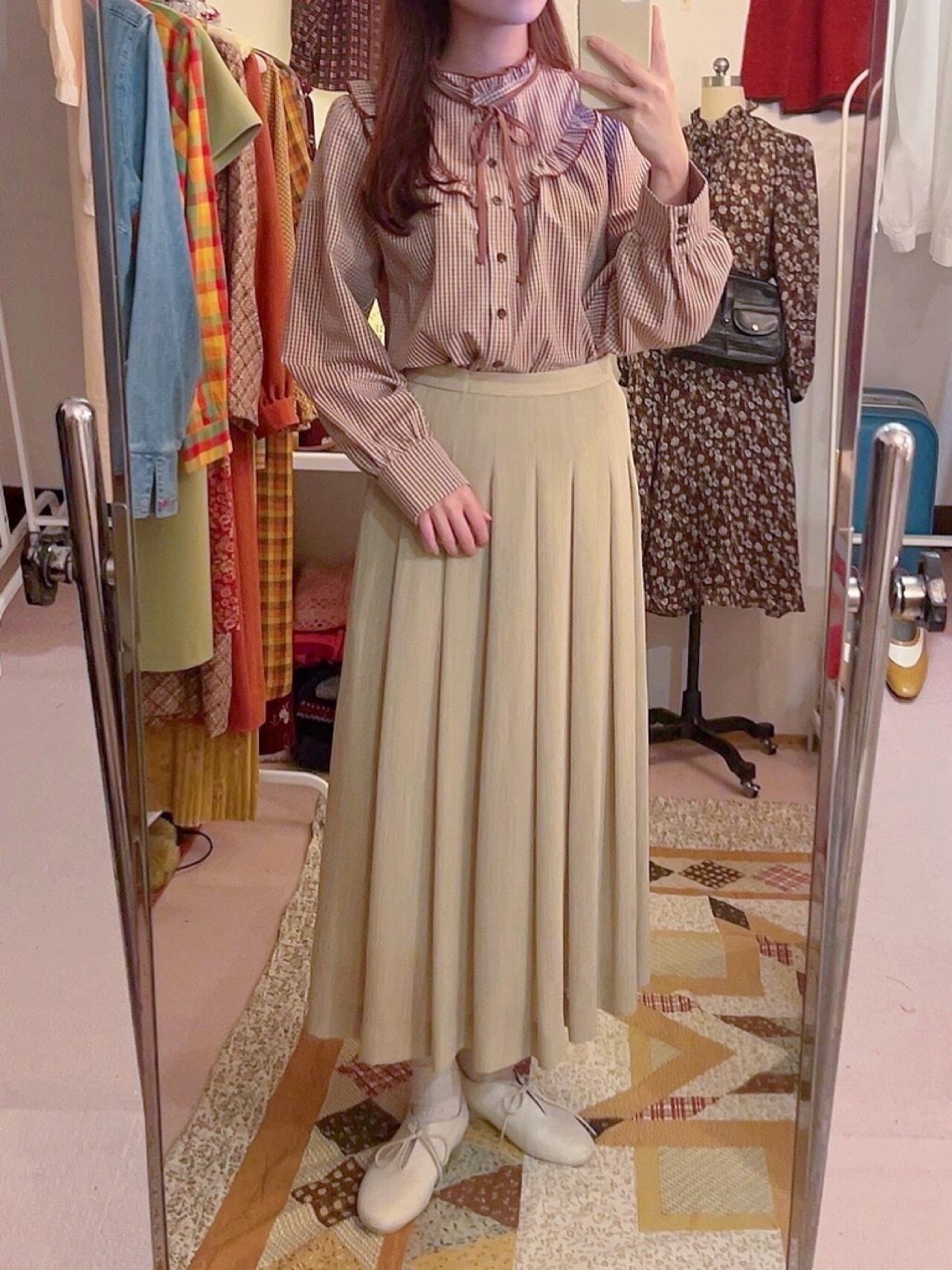 brown gingham check frill ribbon blouse