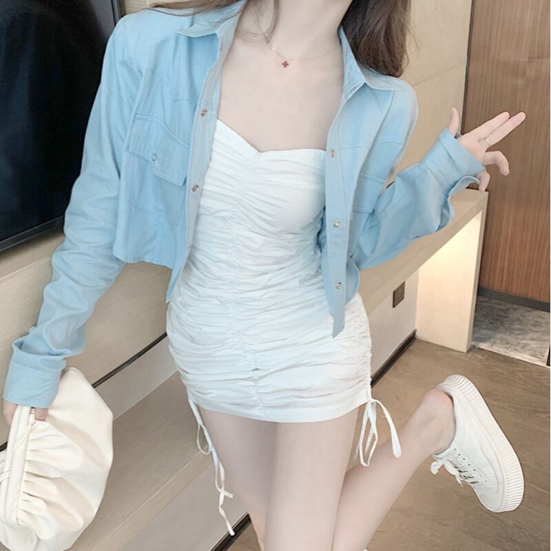 デニムジャケットレディース夏薄手長袖ショート日焼け止めシャツ2020新作オールマッチカーディガントップ ブラックストロベリース33610852134