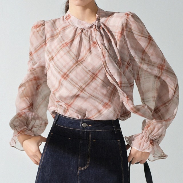 リボンタイシアーチェックブラウス 232063
