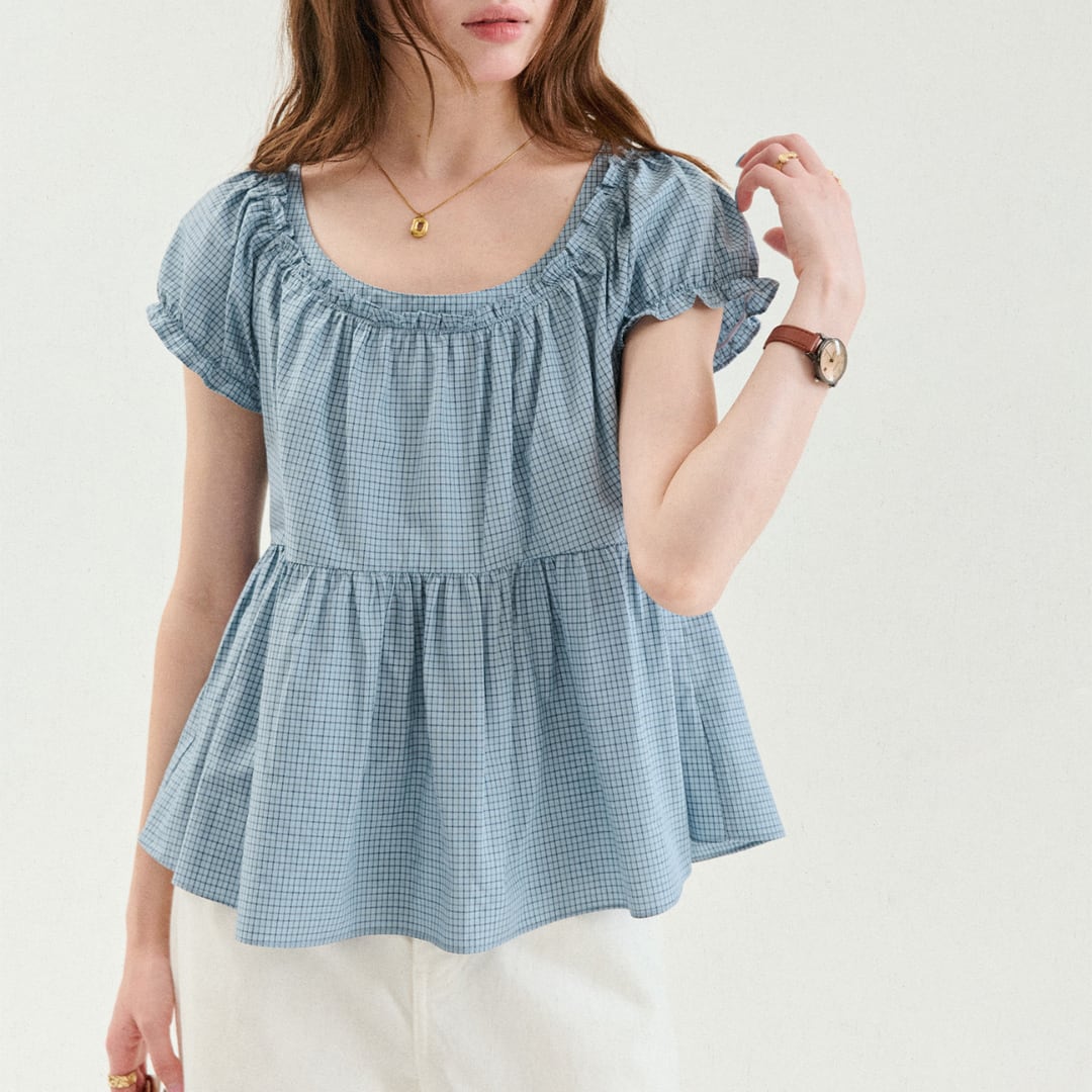 gingham check gathered blouse
