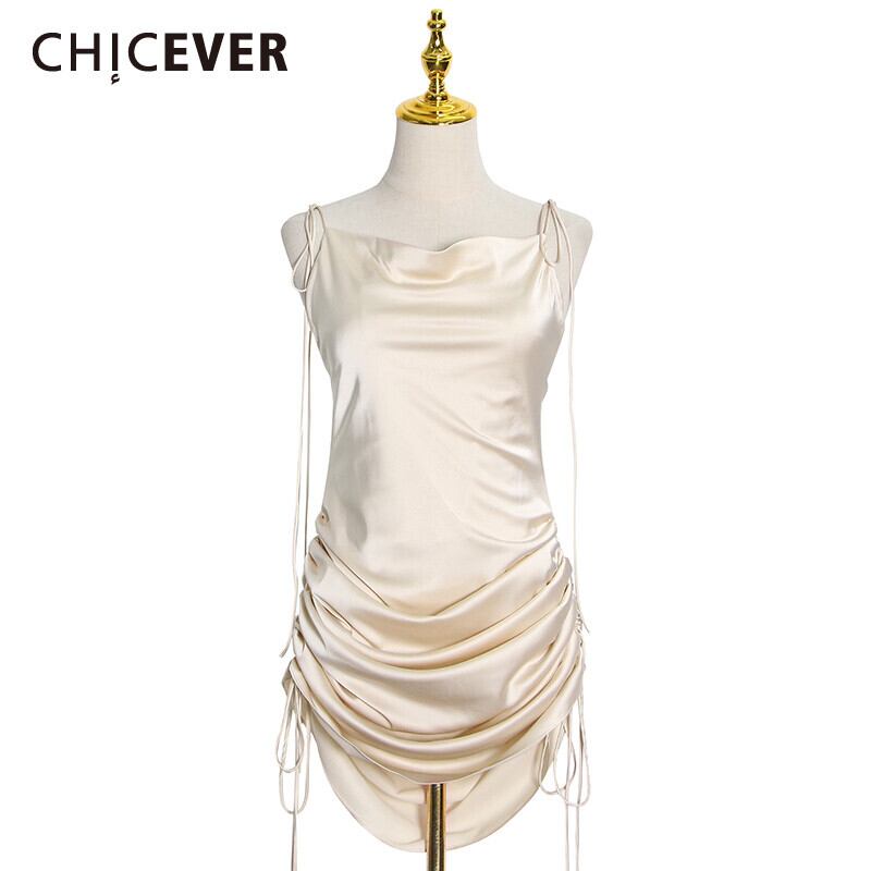 CHICEVERサマードレスレディーススクエアカラーノースリーブスリングシャーリングドローストリングバックレスセクシードレス2020 夏物 スクウェア 6base513039366673