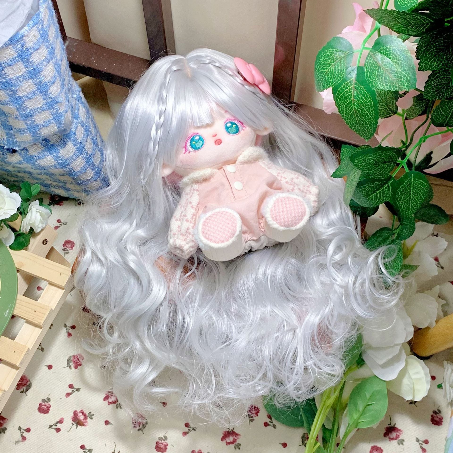 20cm ぬいぐるみ用 ウィッグ 巻き髪 ロングヘア グレー 頭囲33〜36cm